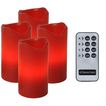 4er LED-Wachskerzenset mit Fernbedienung Farbe : rot, flackernd, Kerzen einzeln schaltbar ca.10 x 6 cm, incl. Batterien