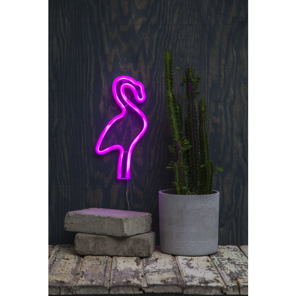 LED-Silhouette "Neonlight", rosa Flamingo, zum Aufhängen ca. 14,5 x 28,5cm, Excl. 3x AA Batterie, TImer. 100 cm Kabel. Vierfarb-Karton