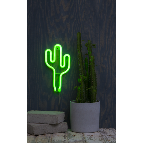 LED-Silhouette "Neonlight", grüner Kaktus, zum Aufhängen ca. 14,5 x 27cm, Batterie, TImer Vierfarb-Karton