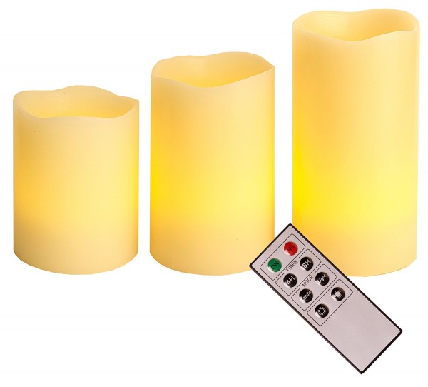 3er LED-Wachskerzenset mit Fernbedienung flackernd oder stetiges Licht, Timerfunktion, ca.10/12,5/15 x 7,5cm, Batterie