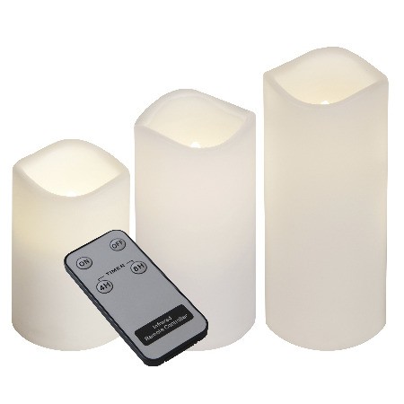 3er LED-Kunststoff-Kerzenset mit Fernbedienung, flackernd, Timerfunktion, ca. 11,5/ 15/ 18 x 7,5 cm Batterie